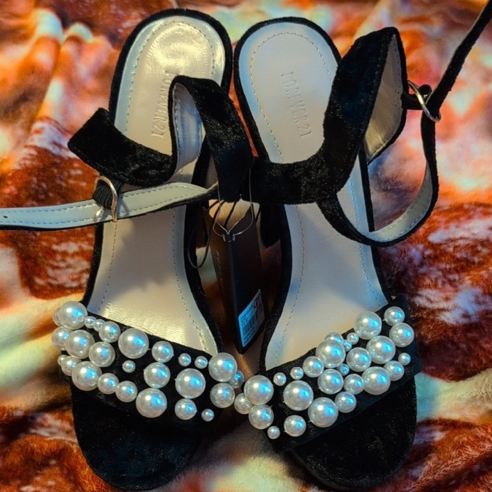 Forvever 21 Black Velvet Heels with Pearl Embellishments